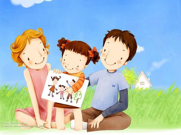 Lovely_illustration_little_girl_showing_family_drawing_to_parents_wallcoo.com